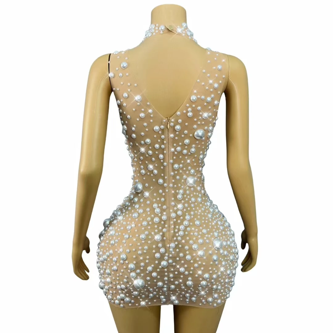 Dazhu Błyszcząca Sukienka Wieczorowa z Czystych Białych Pereł, Elegancka Suknia Balowa, Seksowna Sukienka z Siateczki, Dopasowana Sukienka na Imprezę, Sukienka na Czerwony Dywan, Modne Stroje Pokazowe