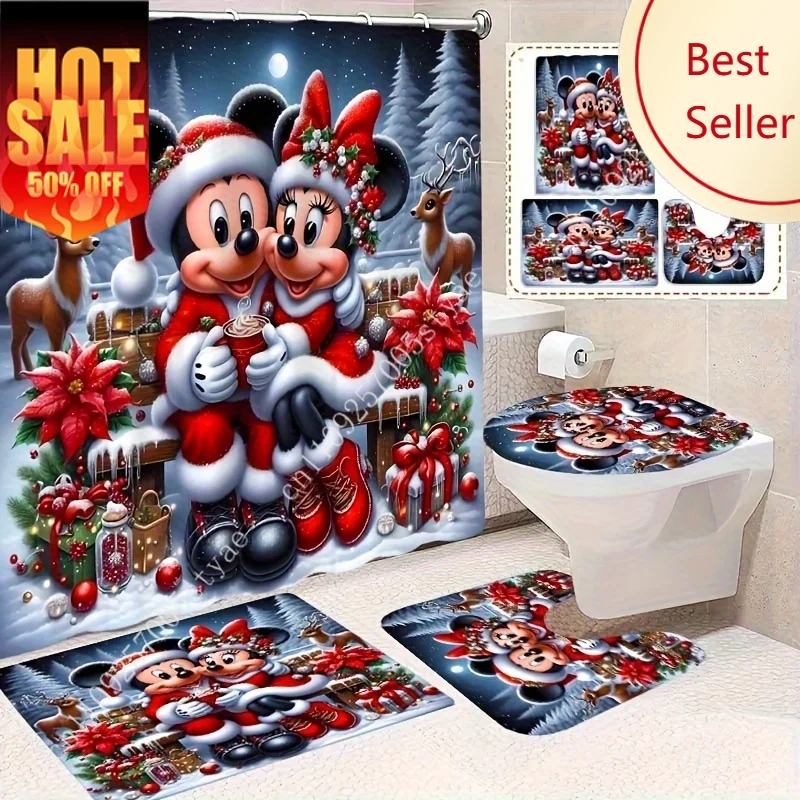 

Mickey Mouse Reindeer Bathroom Set Disney Cartoon Decorative Gifts Shower Curtain Floor Mat Toilet Seat Christmas Decoration 4PC