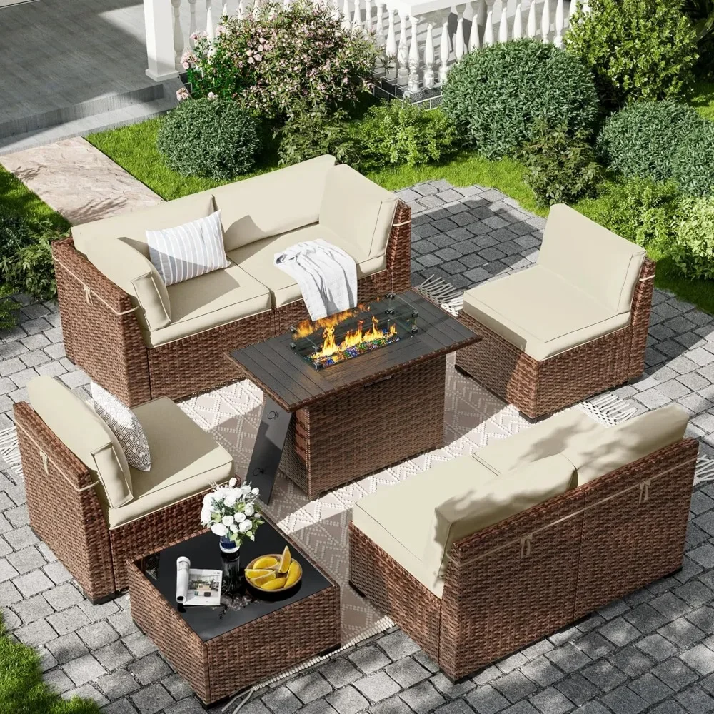 

8-Piece Outdoor Patio Furniture Set with 44" Fire Pit Table, Modern Rattan Sectional Couch with Tempered Glass Coffee Table, Th