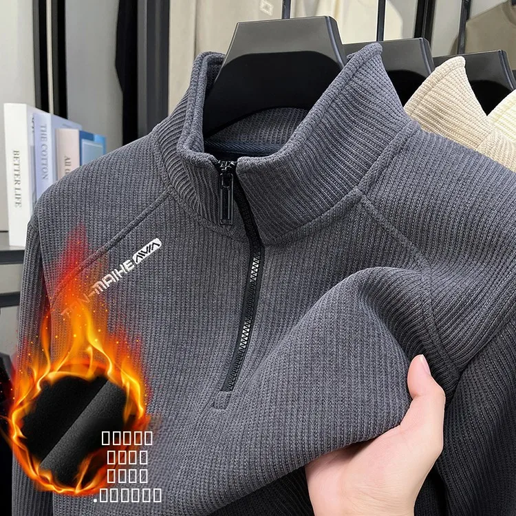 

Winter Thiened f-Zipper Hoodie Men's Loose Fce-Lined Stand-Collar Warm Antifreeze Top Polyester Spandex Blend Long Sl...