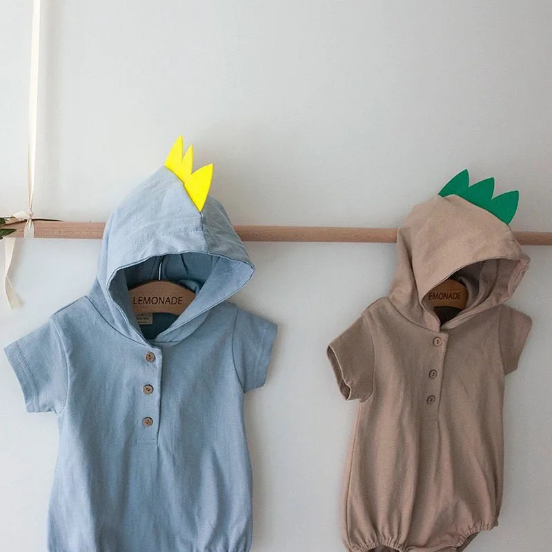 2026 Summer New Baby Short Sleeve Hooded Bodysuit Infant Boy Girl Cotton Jumpsuit Solid Newborn Toddler Clothes 0-24M