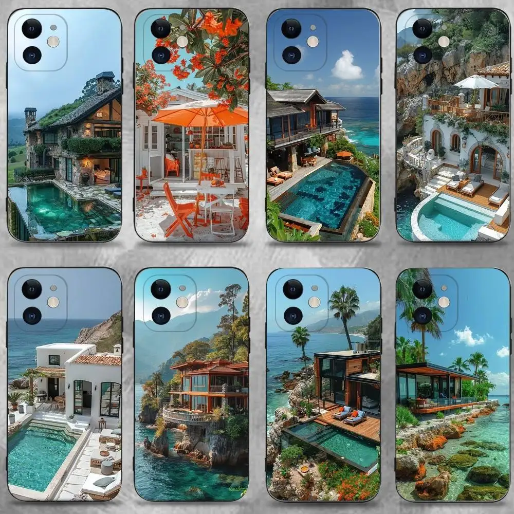 

Villa House Scene Phone Case For iPhone 17,16,15,14,13,12,11 Plus,Pro Max,XS,X,XR,SE,Mini,8,7,Soft Silicone Black Cover