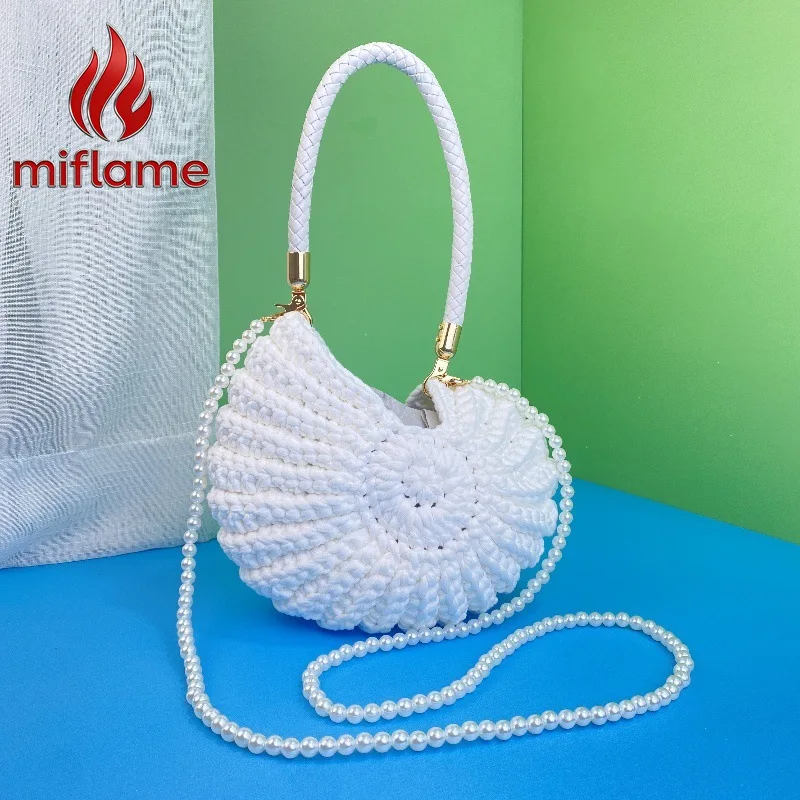Handmade Crochet Shell Crossbody Bag with Pearl Strap Vintage Cotton Knit Beach Tote Purse for Women Vacation Summer Daily