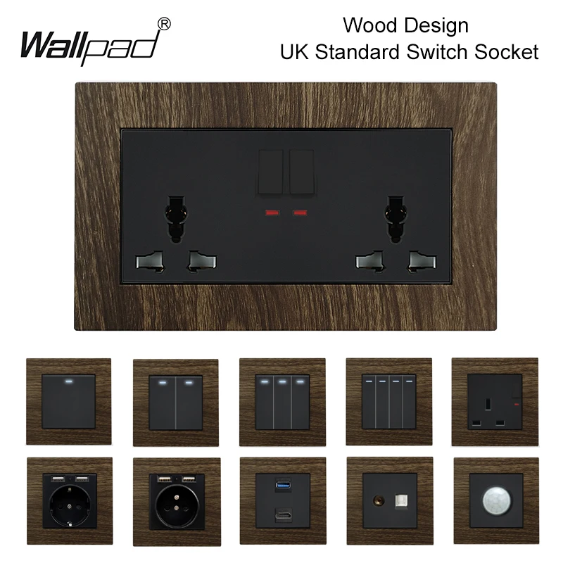 1 2 3 Gang Switch with LED Wallpad Metal Panel Wood Design 20A 45A Fan Dimmer Switch UK EU 3.1A Fast USB Charger Socket 220V