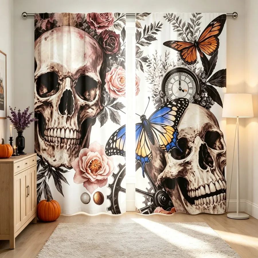 2PCS Digital Print Curtain, Gothic Skull Pink Roses Butterflies Clock Gears Pattern, Day of the Dead Steampunk Style Home Decor