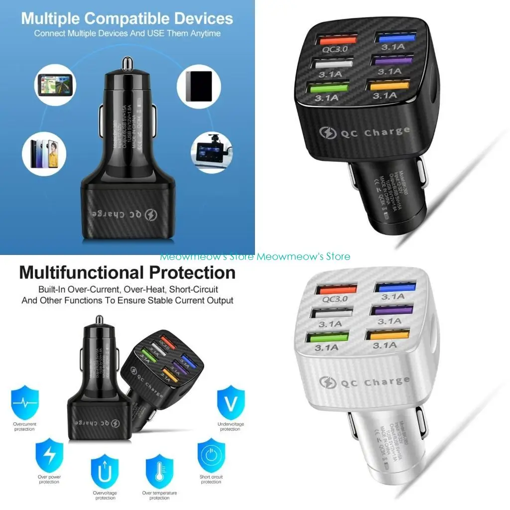 W91A السرعة السريعة 6 Port USB شاحن سيارة QC3.0 30W محول للسجائر أخف يوفر شحنًا آمنًا