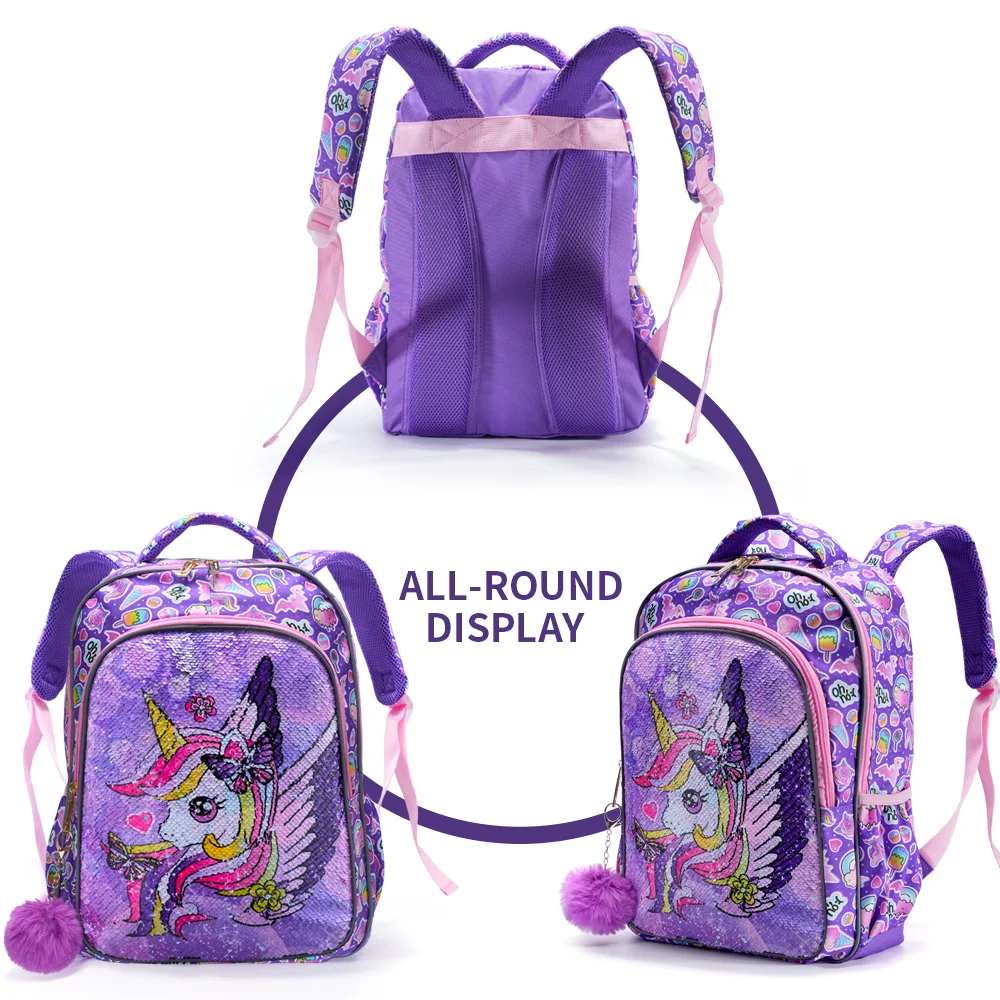 3PCS set Backpack For Girls Kids School BookBag With Lunch And Pen Bag Purple Unicorn Cute sequin Glow-in-the-dark Function