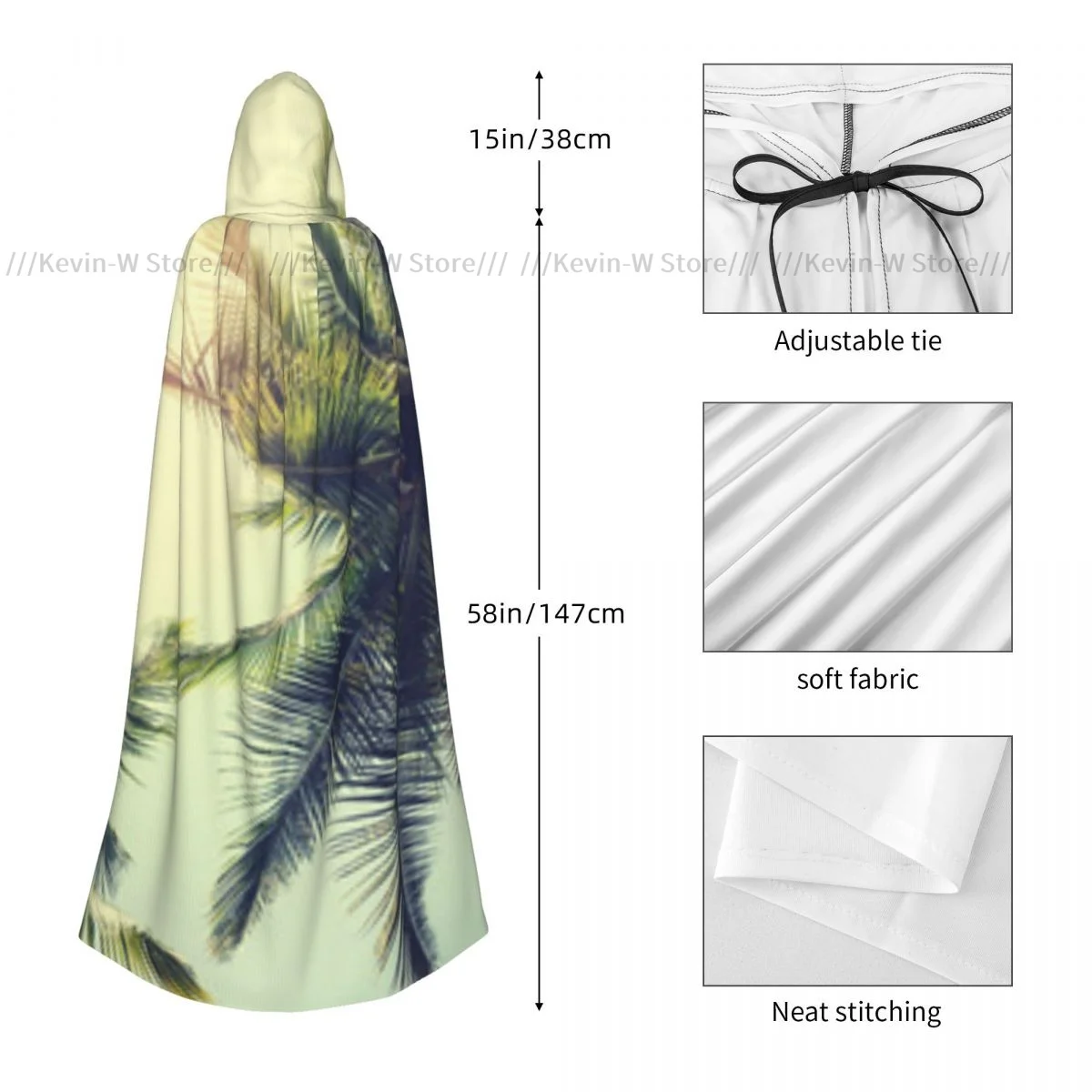Vintage Nature Coconut Palm Tree On Tropical Beach Hooded Cloak Polyester Unisex Witch Cape Costume Accessory view 4