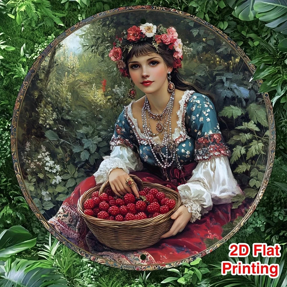 2D Metal Sign, Vintage Red Berry Metal Wreath Round Wall Art, Rustic Aluminum Floral Decor for Kitchen Home Coffee House Office