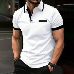 Spring Summer Men Clothes Short Sleeve Turn-down Collar Polo Shirt Fake Pocket Print Business Casual Polo Shirt Resilient Tops