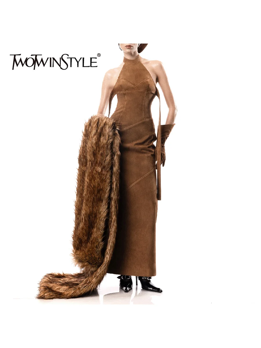 

TWOTWINSTYLE Solid Slimming Spliced Lace Up Elegant Dresses for Women Halter Sleeveless Backless Temperament Long Dress Female