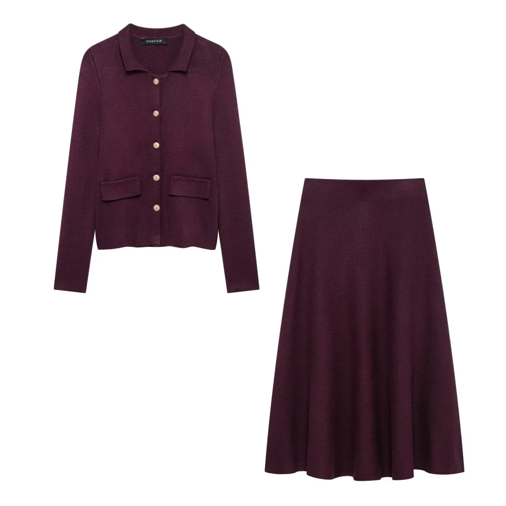 2025 BM&MD&ZA Women's Burgundy Knit Set Including Buttoned Cardigan and Flared Skirt for a Stylish Ensemble