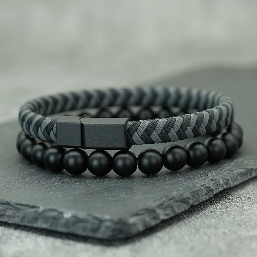 Stylish Men Bracelet Set 2Pcs Premium Selected Leather Cord Charm Braslet 2 Sizes Available Casual Versatile Wrist Accessory