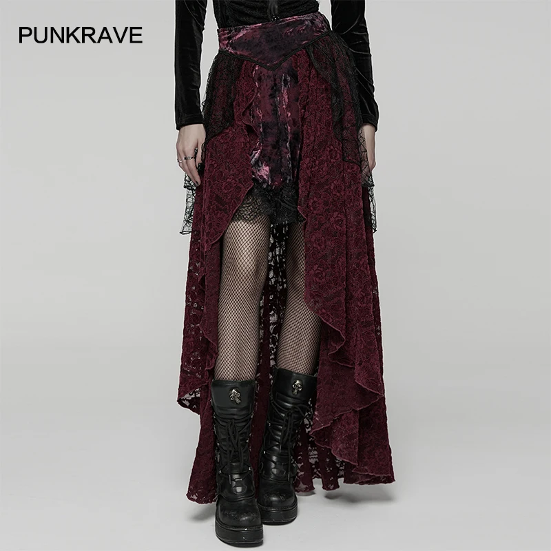 PUNK RAVE Women's Gothic Beauty 3D Lace High-low Design Tie-dyed Velvet Skirt Sexy Pleated Half Skirts Two Colors Women Clothing