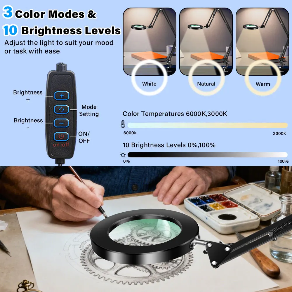 NEW 3-Segment folding Magnifying Glass Lamp with 3 Color Adjust LED Lights Reading Table Lamp for Welding Repair Close Work