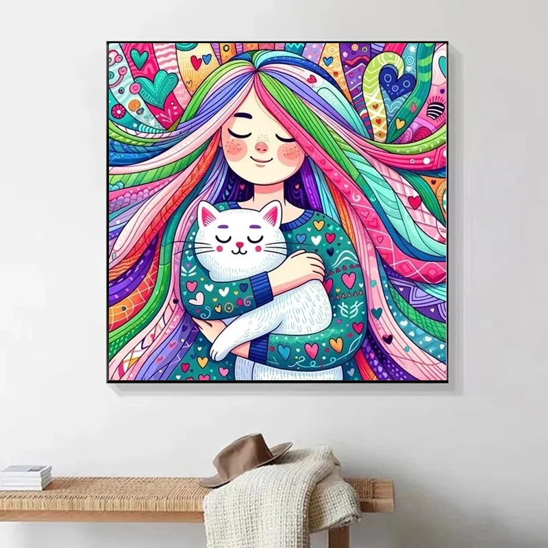 5D DIY Fairy Dust Diamond Embroidery Cartoon Girl Rhinestones Picture Cat Crystal Mosaic Painting Cross Stitch Kit Handmade Gift