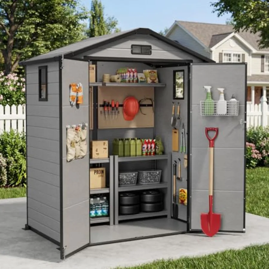 Backyard storage shed with plastic feet and floor, gray color, drain groove for water runoff