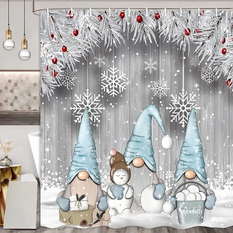 Wood Grain Shower Curtain Light Blue No Face Doll Snowman Pine Snowflake Bathroom Decor No Drilling with 12 Hooks