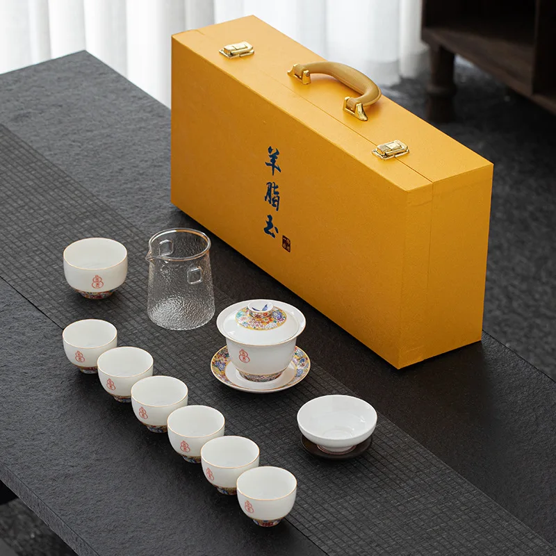 Yangzhi Jade Flower Cover Bowl Tea Set Enamel Color Kung Fu Tea Set Light Luxury Chinese Tea Cup CustomizableLOGO