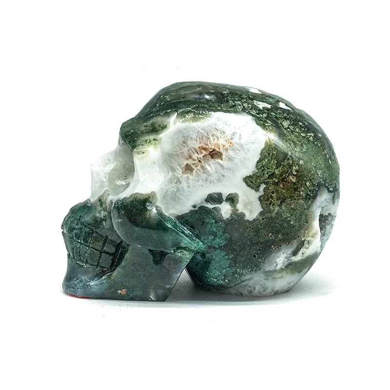 Wholesale Natural druzy moss agate skull hand made crystal crafts heading crystal skull for home decoration and sale