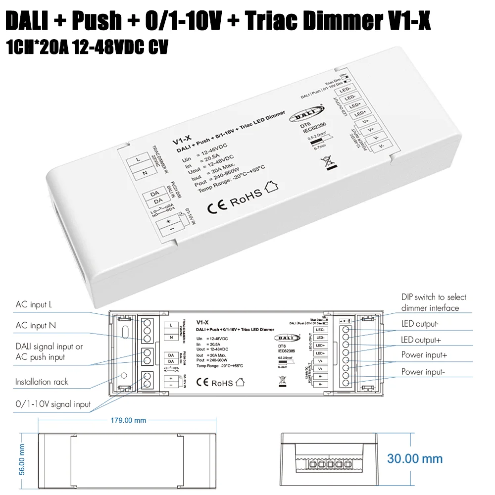4in 1 LED Dimmer DALI Push 0/1-10V Triac LED Dimmer DC12V-48V DT6 Multifunction Brightness Adjustment for Single Color LED Strip