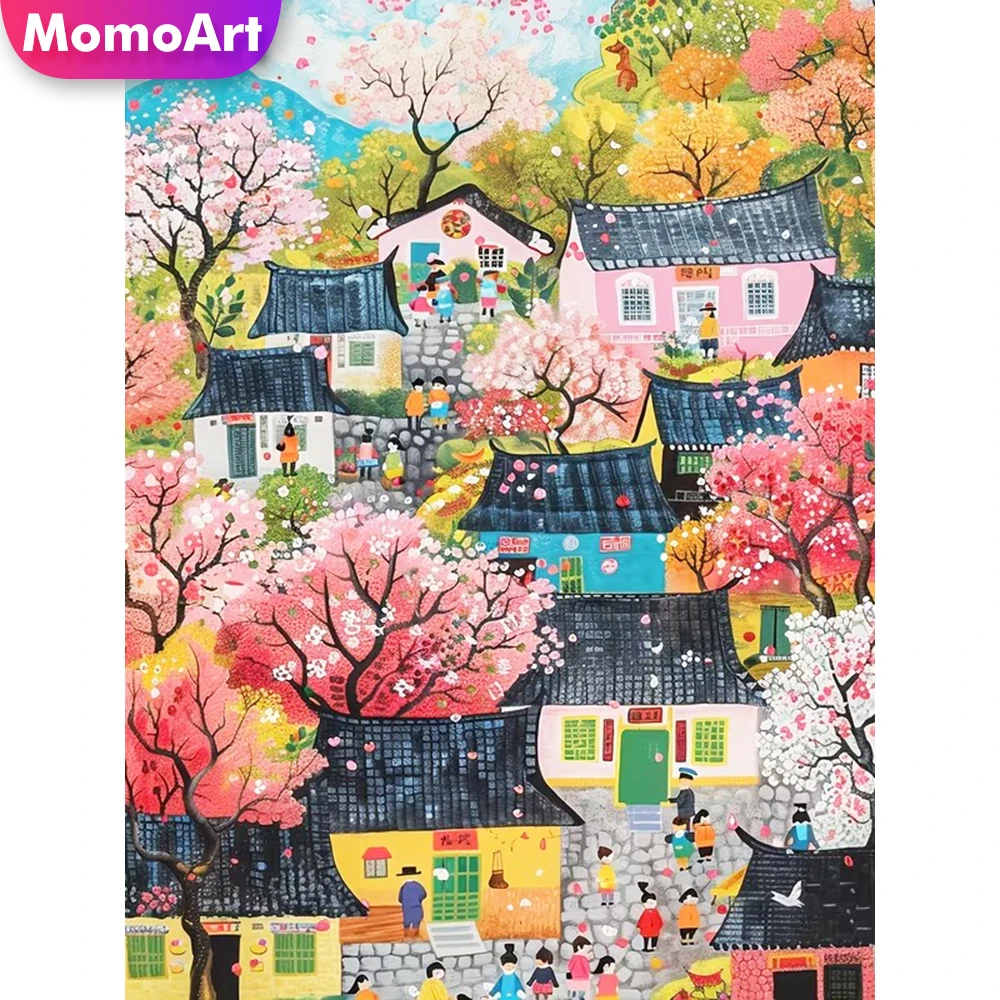 Momoart Diamant-Mosaik Cartoon-Landschaft Strass-Bild Stickerei Haus Acryl-Bastelbedarf Malerei Blumen Heimdekoration
