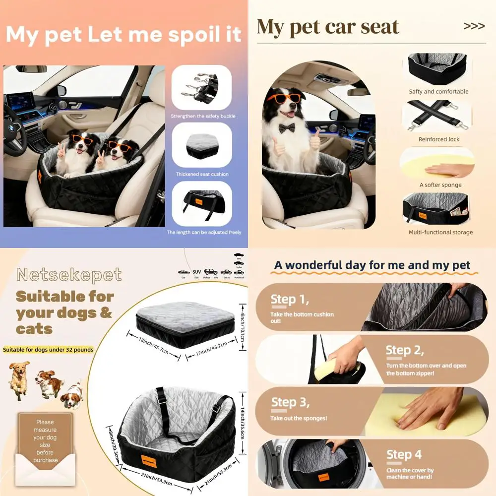 

Портативное моющееся сиденье-бустер для маленьких собак до 30 фунтов с дорожной кроватью, карманами для хранения и ремнем безопасности (черный/серый)