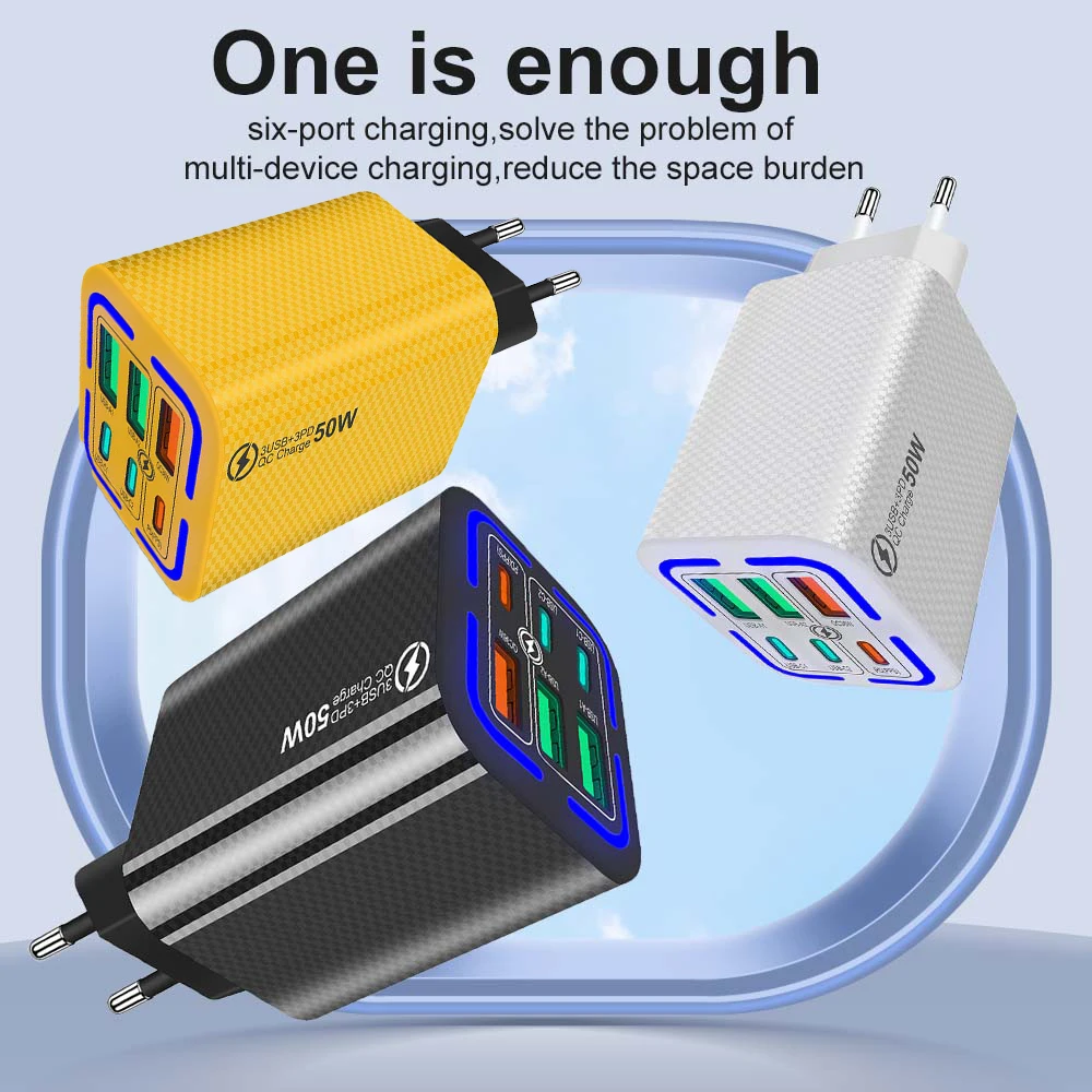 Total 150W USB Charger 6 Ports Type C Fast Charging Mobile Phone Wall Adapter EU/US/UK Plug For iPhone 15 Samsung Xiaomi Huawei