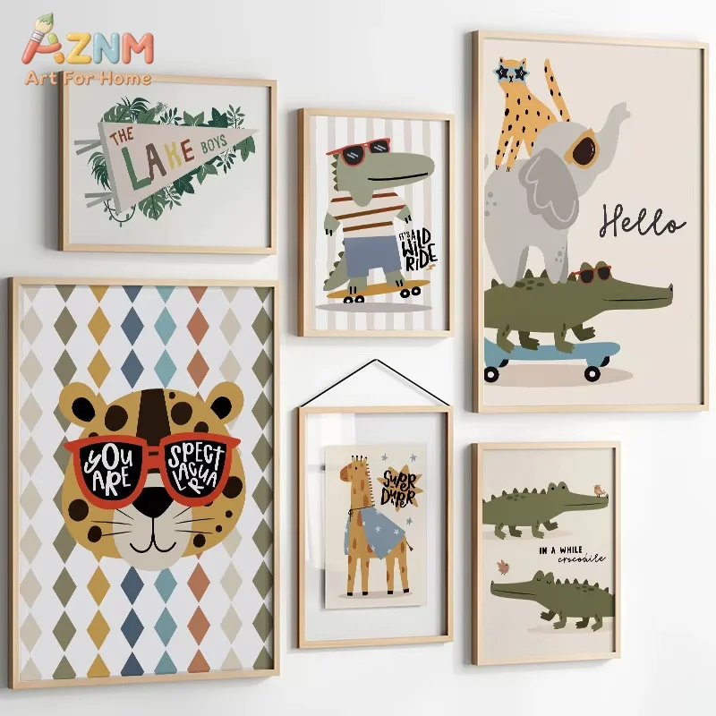 AZNM Frameless Canvas Wall Art, Boho Cartoon Cool Leopard Crocodile Elephant Giraffe Skateboard Animal Neutral Tone Typography P
