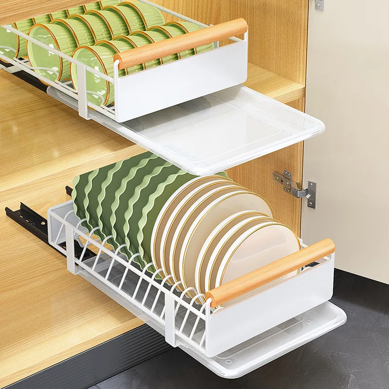 Non Punching Sliding Track Pull-out Dish and Seasoning Storage Rack Cabinet Drawer Style Sliding Kitchen Storage Rack