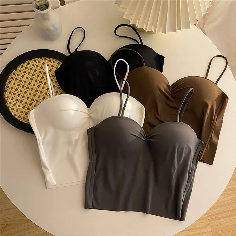 Sexy Traceless Tube Crop Top Girls Summer Padded Camisole Solid Camis Tops Femme Outwear Tanks With Fixed Pads