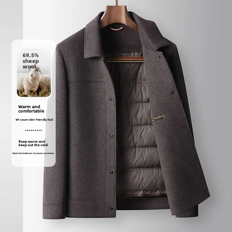 Autumn Winter Men Wool Coat Detachable Down Inner Liner 69.5% Sheep Wool Turn‑down Collar Business Casual Short Woolen Jacket