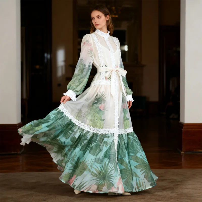 엘리 헤비 자수 레이스 트림 빈티지 랜턴 스탠드 칼라 프린트 벨티드 롱 드레스 캐주얼 하이 웨이스트 벨벳 원단