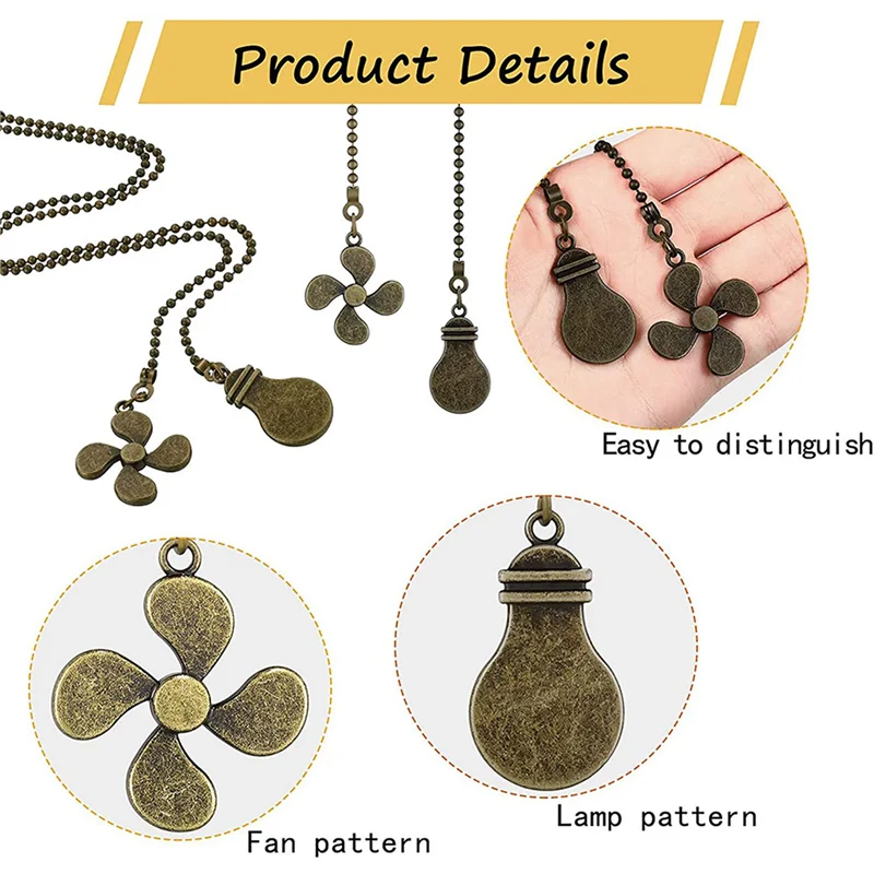 AS94-16Pcs Ceiling Fan Pull Chain Set,Bulb And Fan Pattern Pull Chain Extension Fan Pull Chain Pendant 12 Inch Antique Bronze