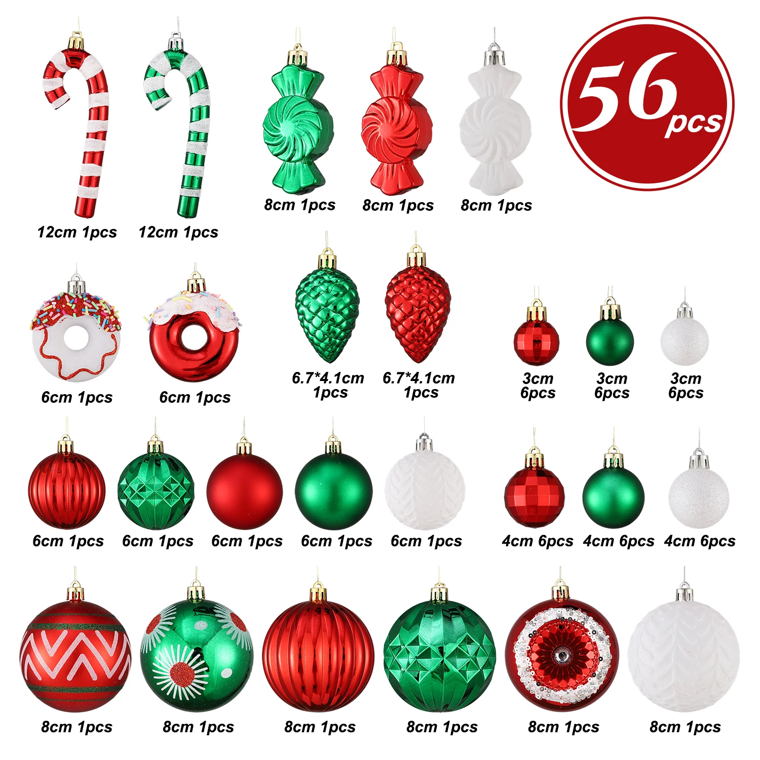 56pcs Christmas Ball Red Green White Candy Cane Balls Ornaments Christmas Tree Hanging Pendant Home New Year Christmas Decoratio