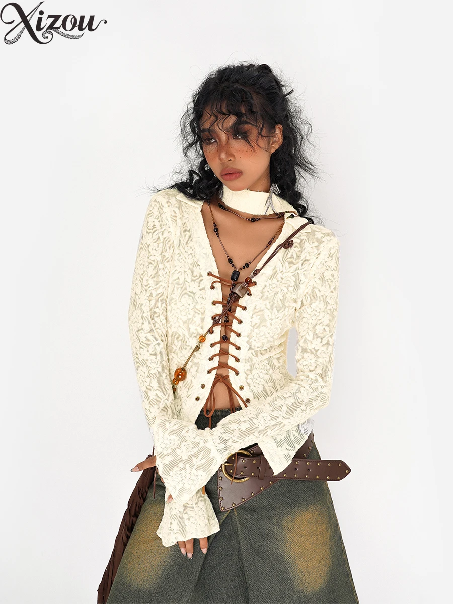 

2025 Wasteland Vintage Shirt Lace Blouse Women Long Sleeve Drawstring Top Sheer V-Neck Collar Cross Tie-Up Korean Y2K Slim Thin