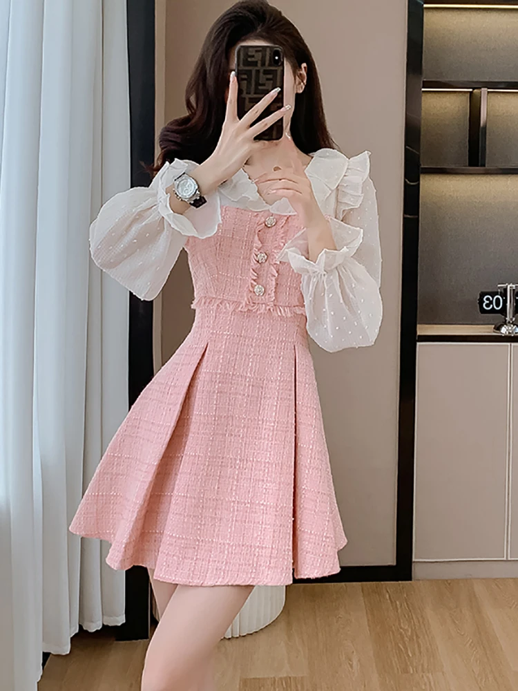 

Women Pink Tweed Patchwork White Chiffon Short Dress Autumn Winter Fashion Ruffled Doll Collar Dress 2024 Korean Elegant Dresses