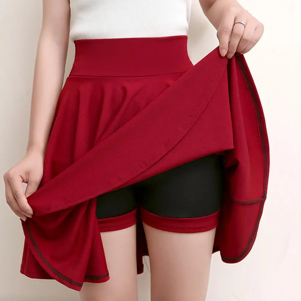 

Women Shorts Skirt Solid Color Elastic Waistband Pleated Anti-exposed Skirt Fake Two Pieces High Waist Mini Skater Skirt