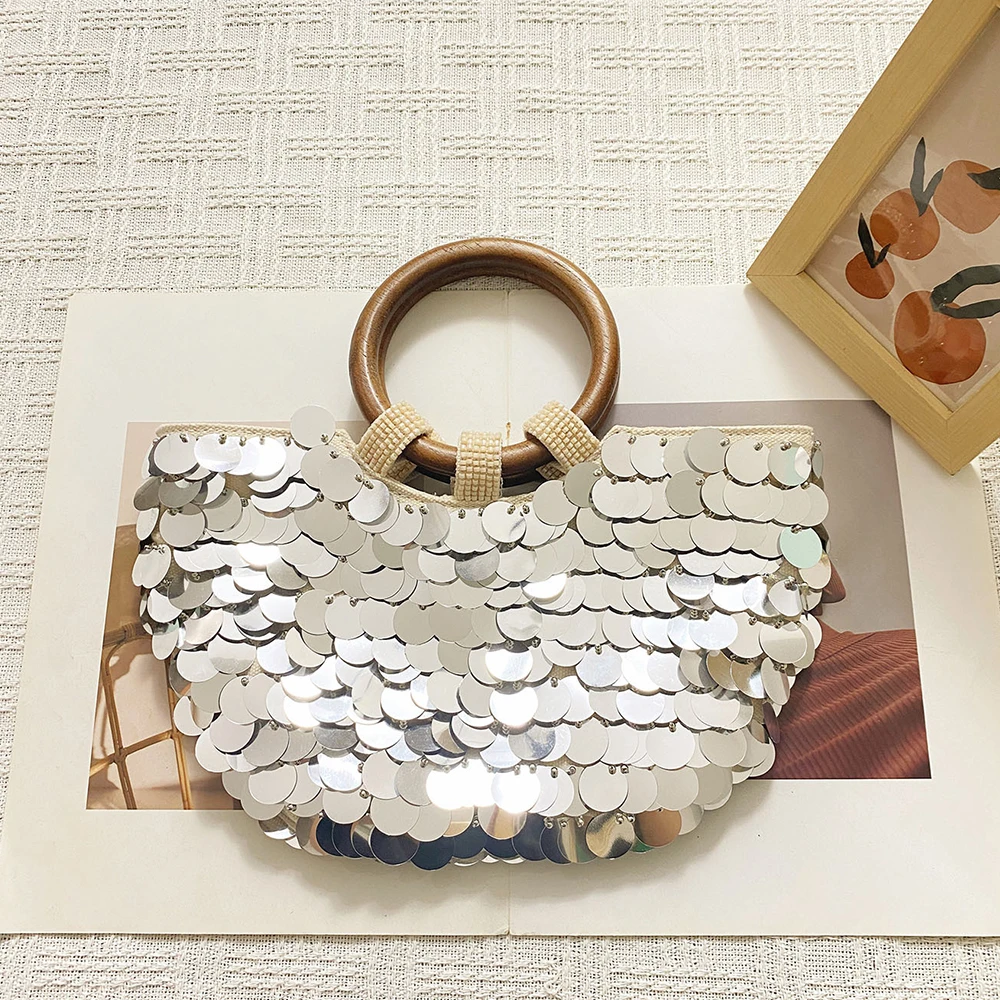Luxury Shining Sequins Evening Bags for Women Handmade Beading Handbag Round Wooden Handle Wedding Clutch Half Moon Women's Bag