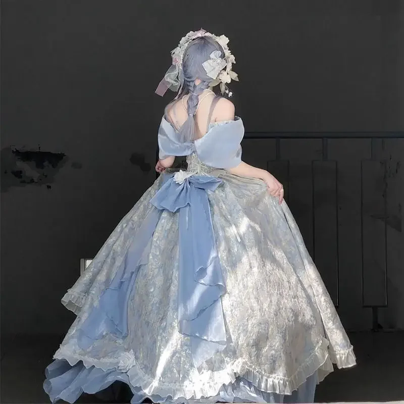 

Elegant Lolita Evening Princess Dress Women Luxury Jacquard Bow Ruffles Flower Party Midi Dress Vintage Long Fairy Dress