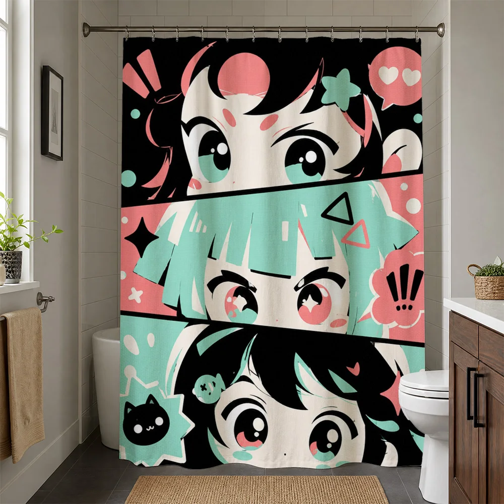 Cute Anime Girl Kawaii Cartoon Shower Curtain Bathroom Decor Waterproof Fun Pop Art Style