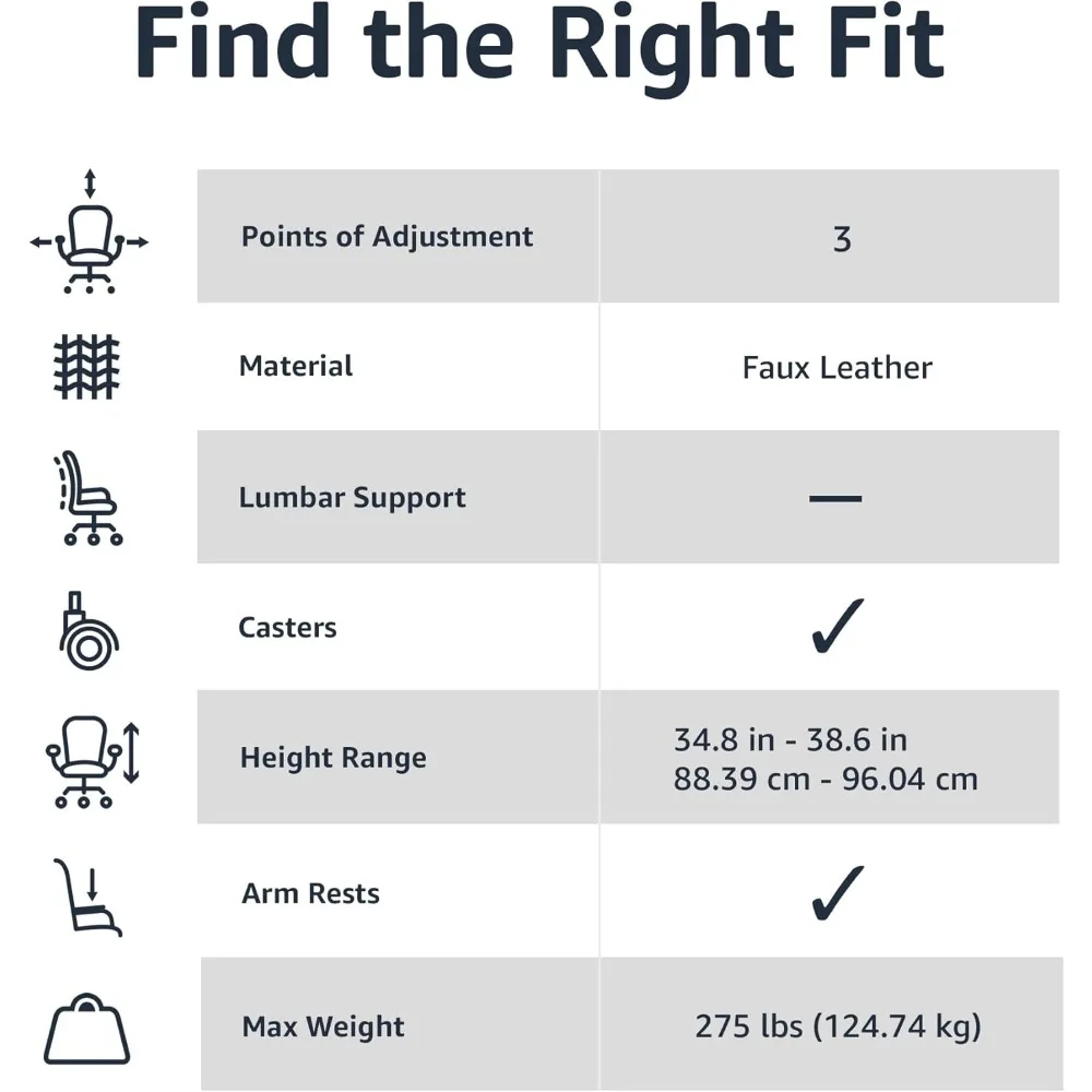 Büro-Computertischstuhl mit gepolsterten Armlehnen, mittlere Rückenlehne, verstellbar, 360° drehbar, rollbar, 275 Pfund Kapazität