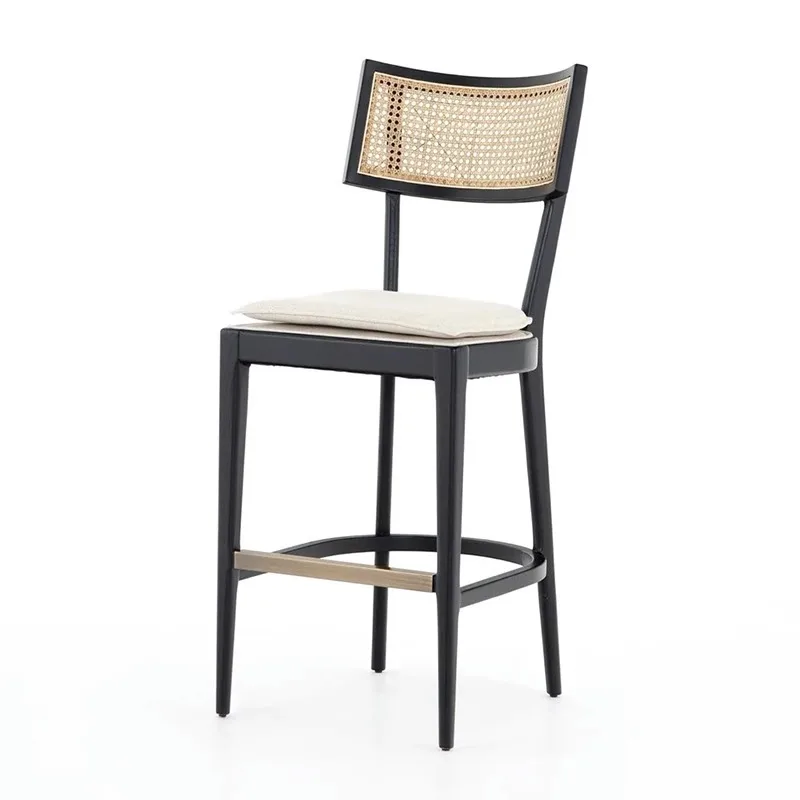 French Solid Wood Bar Chair Cafe Restaurant Bar Ch air Retro Rattan High Stool Backrest Dining Ch air Black Rattan Cha ir