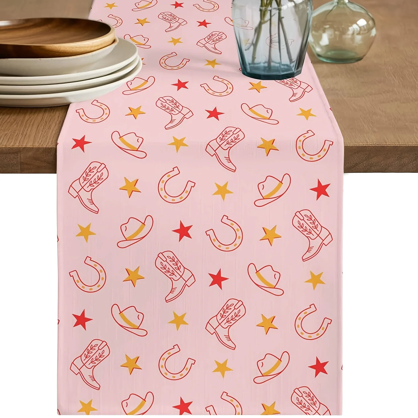 1 Piece of Western Cowboy Boot, Cowboy Hat, and Star Pattern Table Runner, Suitable for Farmhouse, Indoor, Kitchen, Celebrations, Table Decoration, Restaurant, and Banquet Decoration Supplies