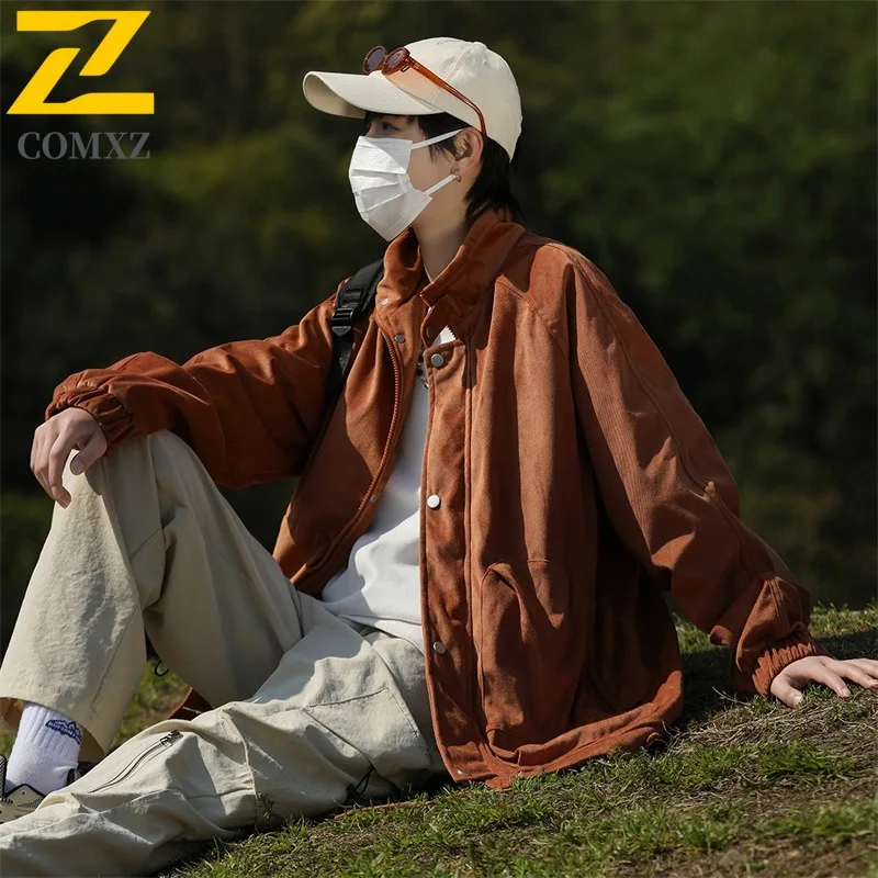 COMXZ 2023 Mens Trendy Jacket Spring Autumn Casual Coat Fashion Solid Color Stand Collar Outerwear Lightweight