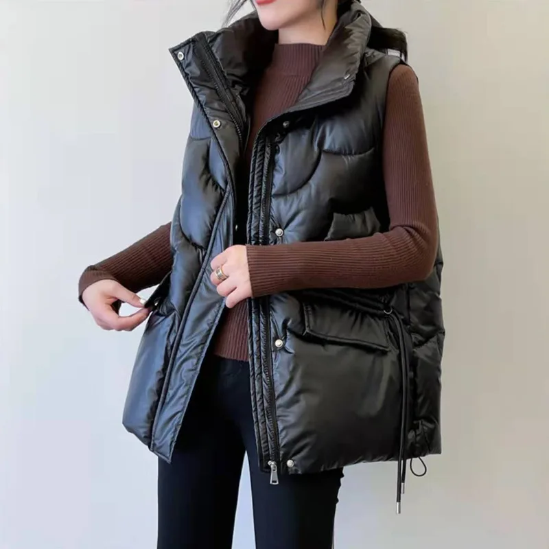 Woman Cotton Vest Winter Korean Style Loose Solid Color Zippers Sleeveless Pockets Draw String woman's Coat Dropshipping LDYA01