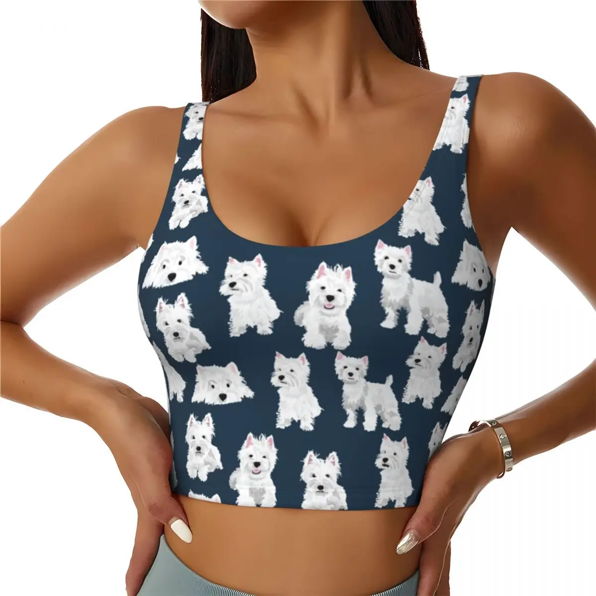 Custom West Highland White Terrier Dog High Impact Sports Bras Women Cute Westie Puppy Seamless Workout Running Crop Tank Tops