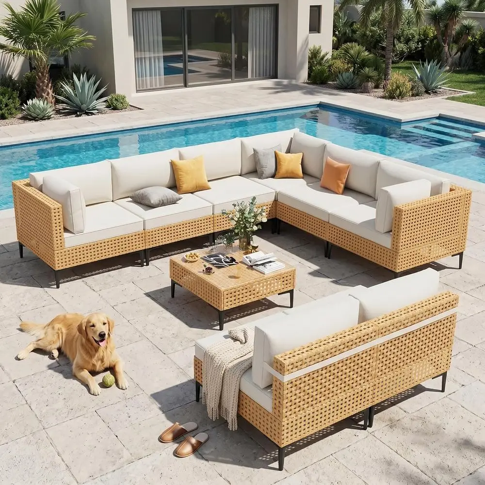 

9-Piece Large Outdoor Sectional Patio Furniture Set with Cushions - Weather-Resistant Wicker for Deck and Porch Conversations