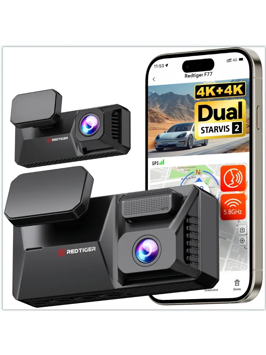 REDTIGER F77 Dashcam Vorne und Hinten 4K+4K Dual-Autokamera STARVIS 2 Nachtsicht Sprachsteuerung Eingebautes 5,8GHz WLAN GPS