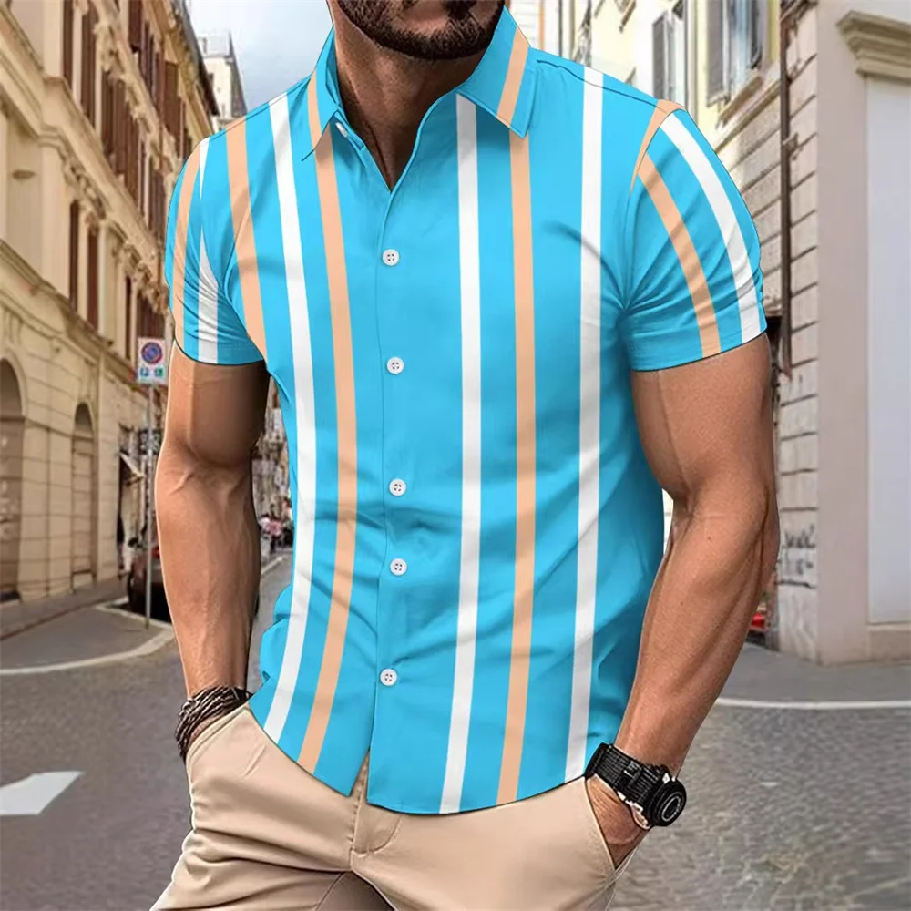 Striped Men's Business Casual 3D Printed Shirt Outdoor Street Summer Lapel Short Sleeve XS-5XL Stretch Fabric Shirt 2025